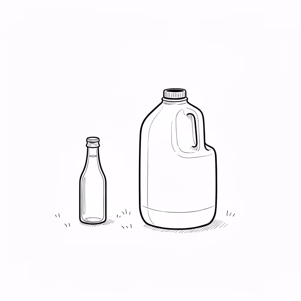 kleine fles met smalle opening, grote fles met brede opening